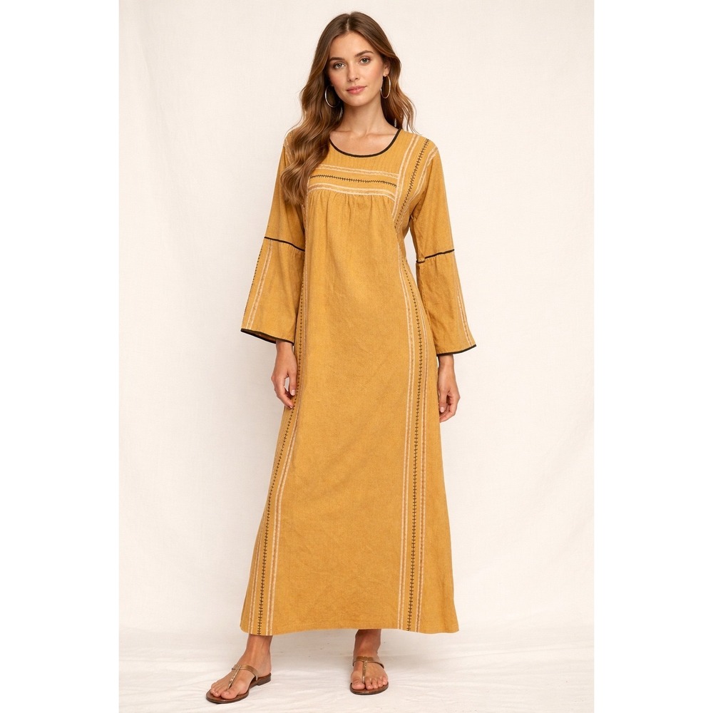 Josefa Vintage 70s 100% Cotton Long Kaftan Maxi Dress Size M Yellow Embroidered